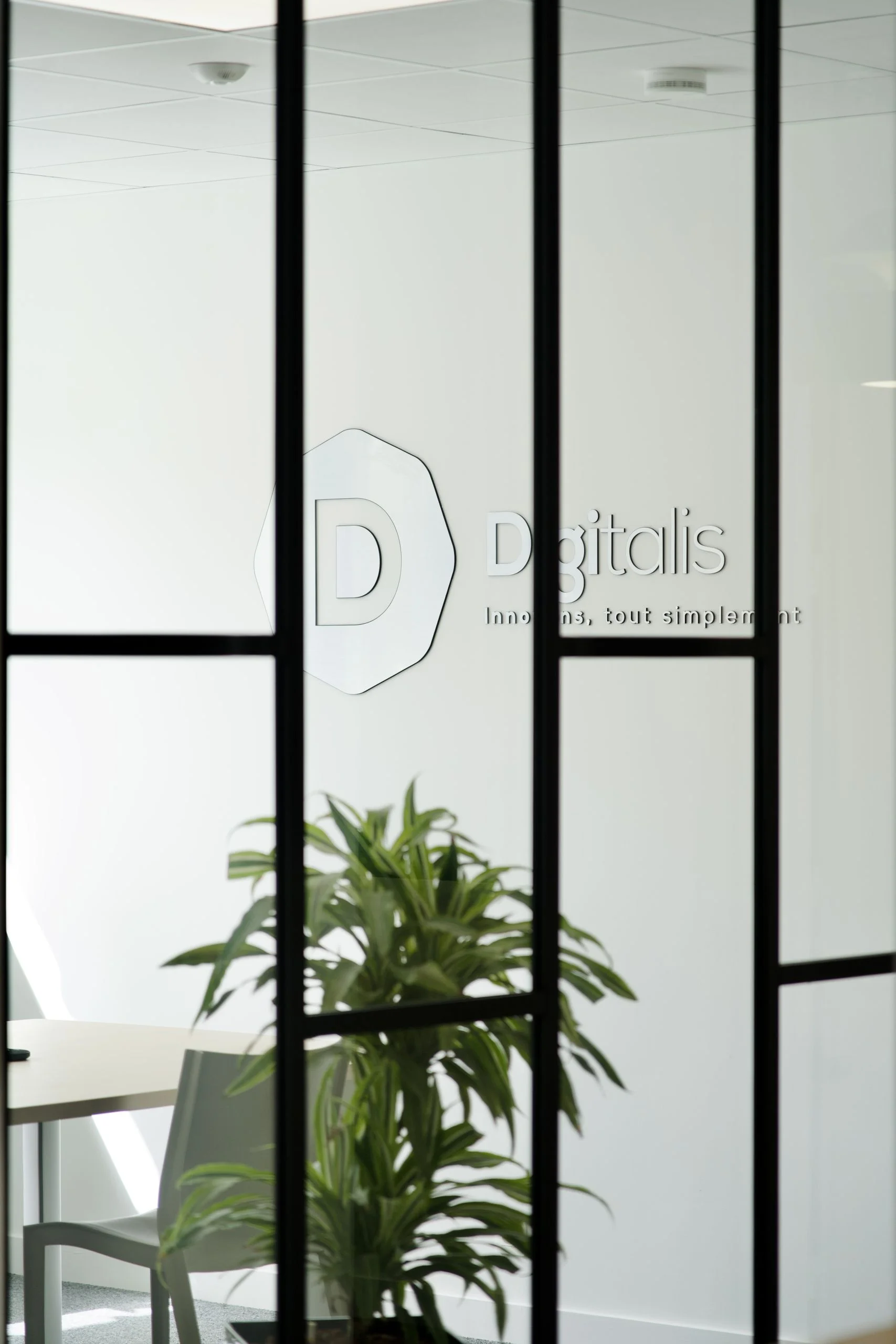 Bureau moderne avec logo sur vitre et plante verte.